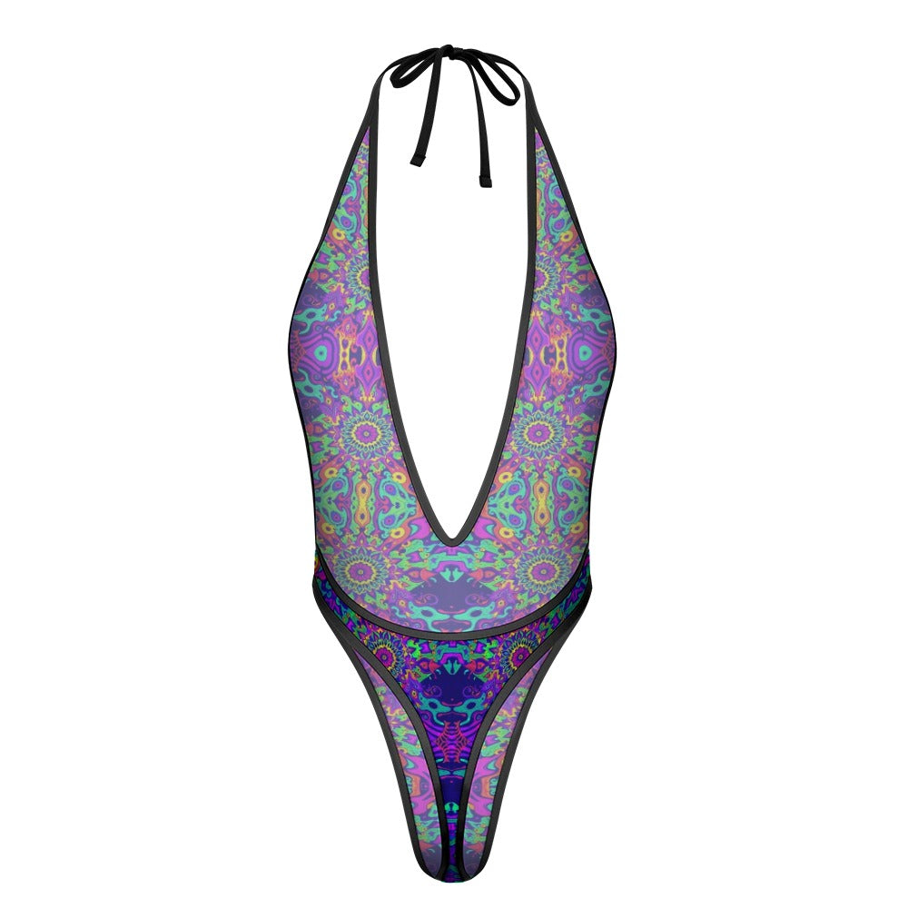 Sexy Swimsuit Women's Extreme One-Piece Mesh Revealing Swimwear Deep V Cleavage Thong Bottom Booty Quick Dry Tie-On Bathing Suit