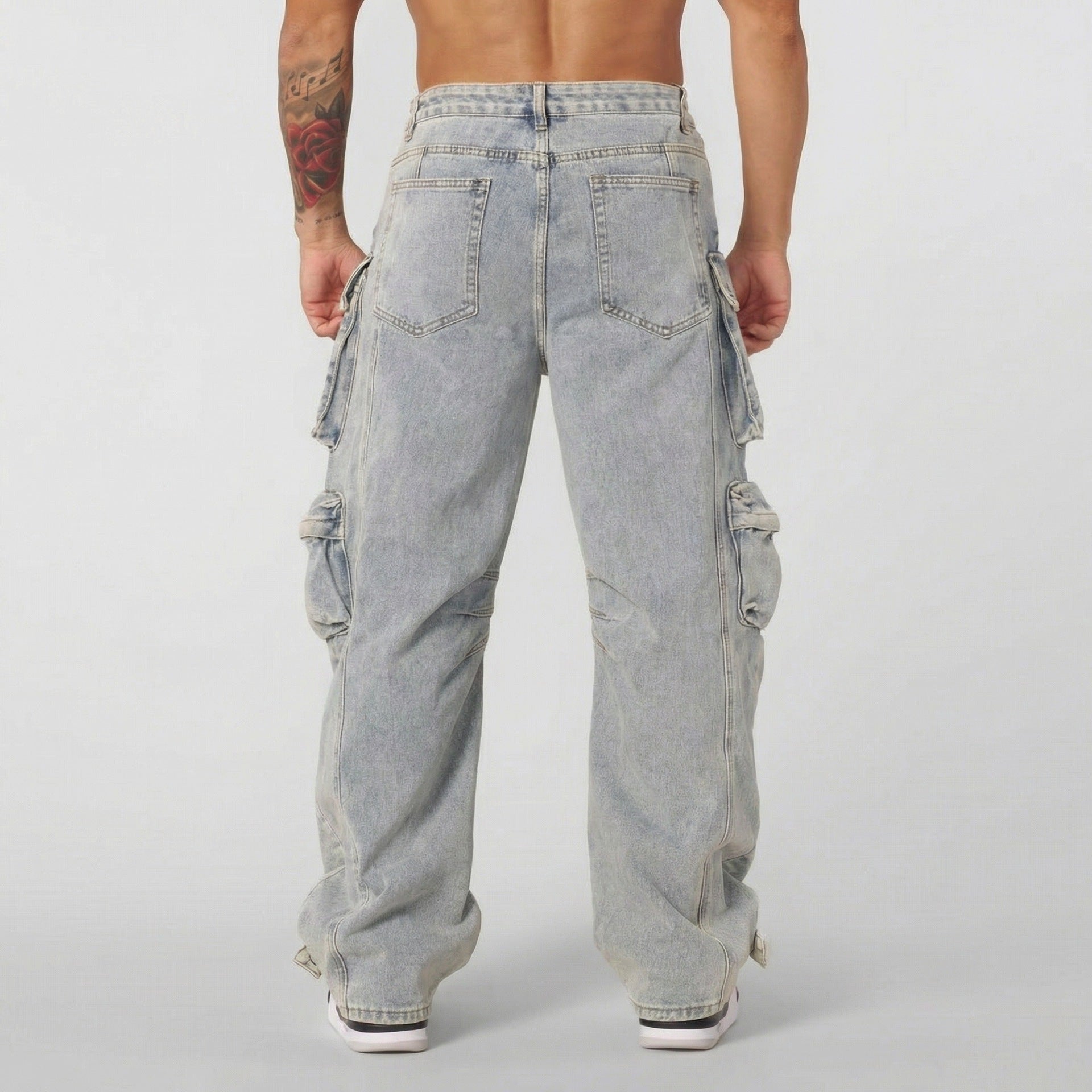 Mens Retro-style Loose-fit Washed Straight-leg Denim Jeans With Multiple Pockets