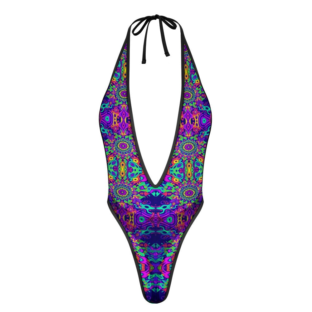 Sexy Swimsuit Women's Extreme One-Piece Mesh Revealing Swimwear Deep V Cleavage Thong Bottom Booty Quick Dry Tie-On Bathing Suit