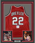 Framed Autographed/Signed Clyde Drexler 35x39 Portland Red Basketball Jersey PSA/DNA COA