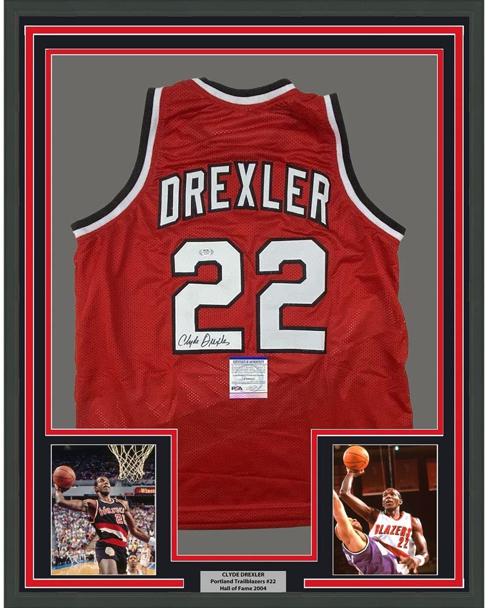 Framed Autographed/Signed Clyde Drexler 35x39 Portland Red Basketball Jersey PSA/DNA COA