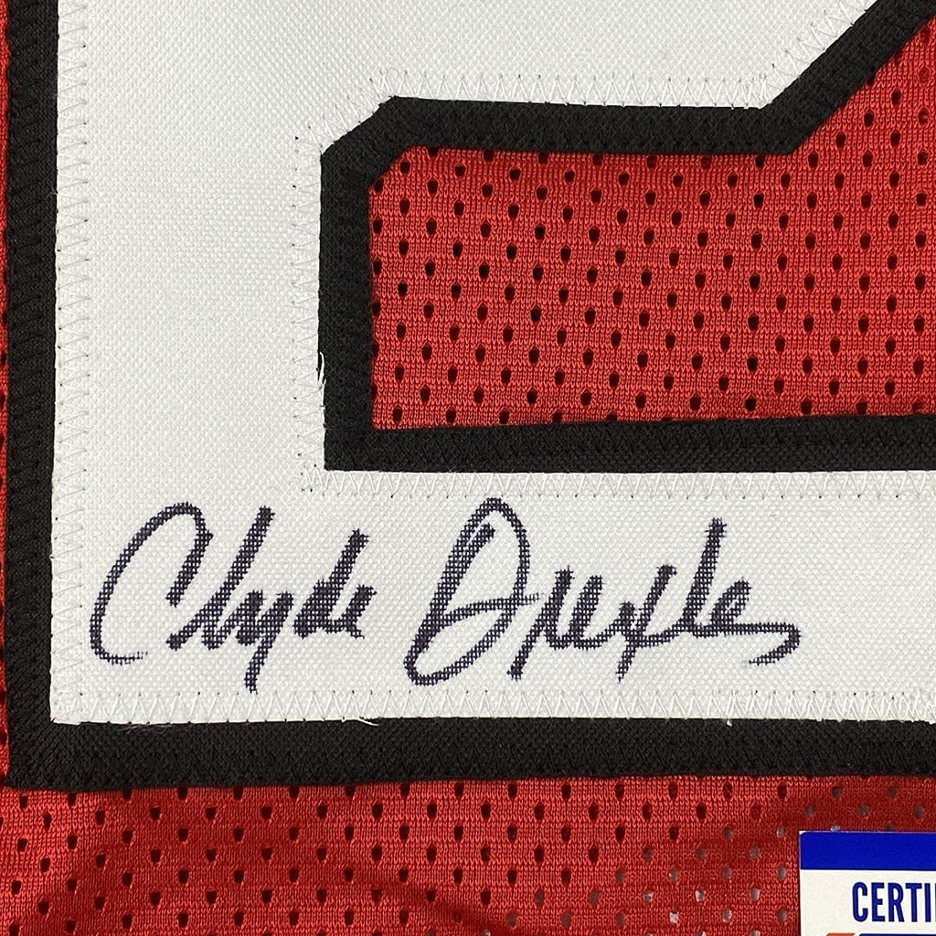 Framed Autographed/Signed Clyde Drexler 35x39 Portland Red Basketball Jersey PSA/DNA COA