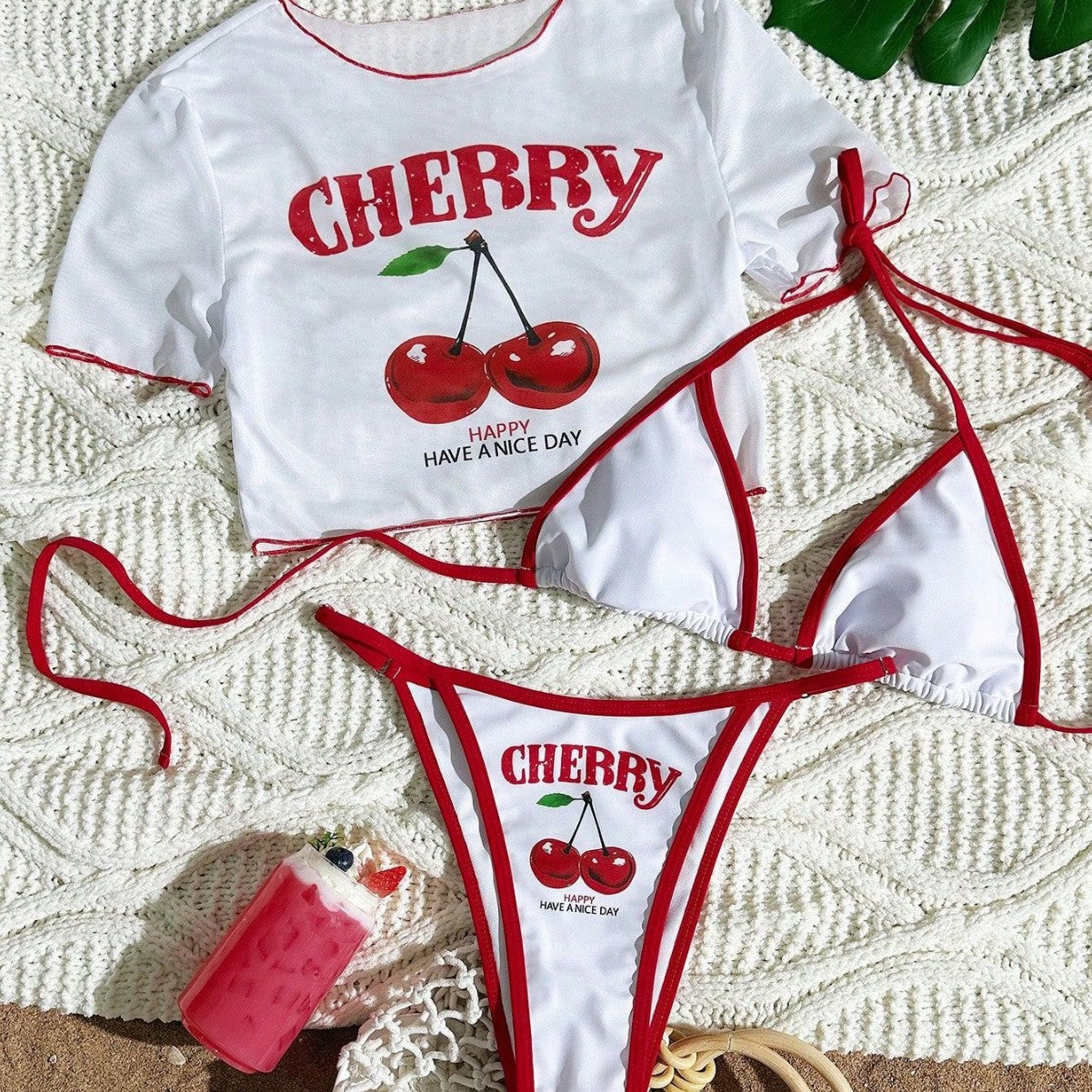 Women's Short Sleeve Slim Fit Two-Piece Swimsuit with Positioning Print Sexy Bikini Three-Piece Set