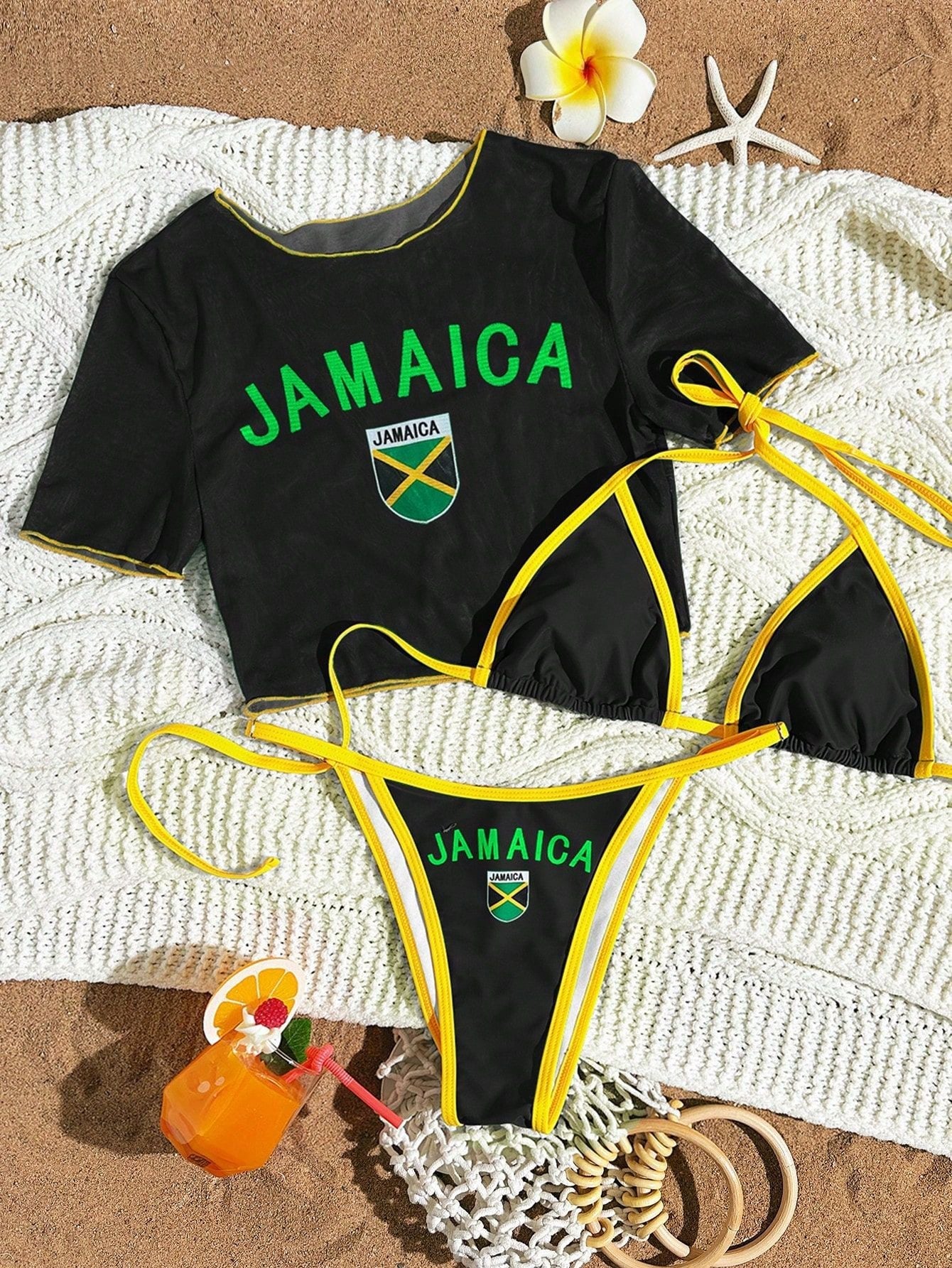 Women's Short Sleeve Slim Fit Two-Piece Swimsuit with Positioning Print Sexy Bikini Three-Piece Set