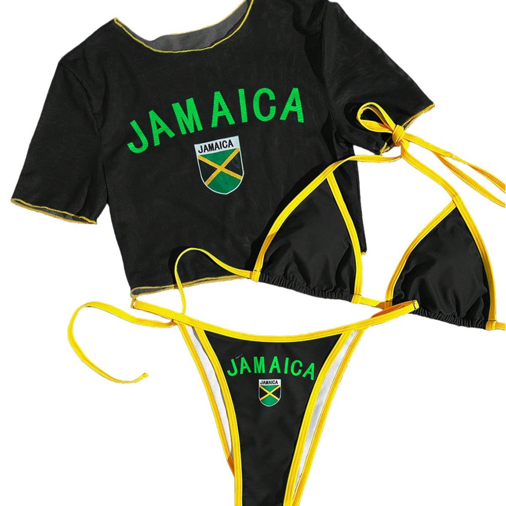 Women's Short Sleeve Slim Fit Two-Piece Swimsuit with Positioning Print Sexy Bikini Three-Piece Set