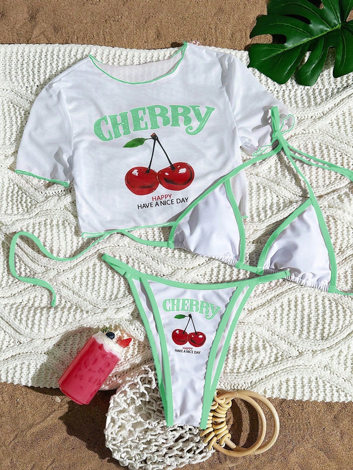 Women's Short Sleeve Slim Fit Two-Piece Swimsuit with Positioning Print Sexy Bikini Three-Piece Set