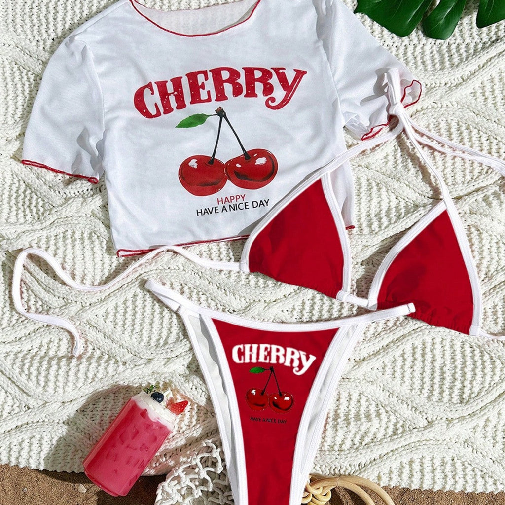 Women's Short Sleeve Slim Fit Two-Piece Swimsuit with Positioning Print Sexy Bikini Three-Piece Set