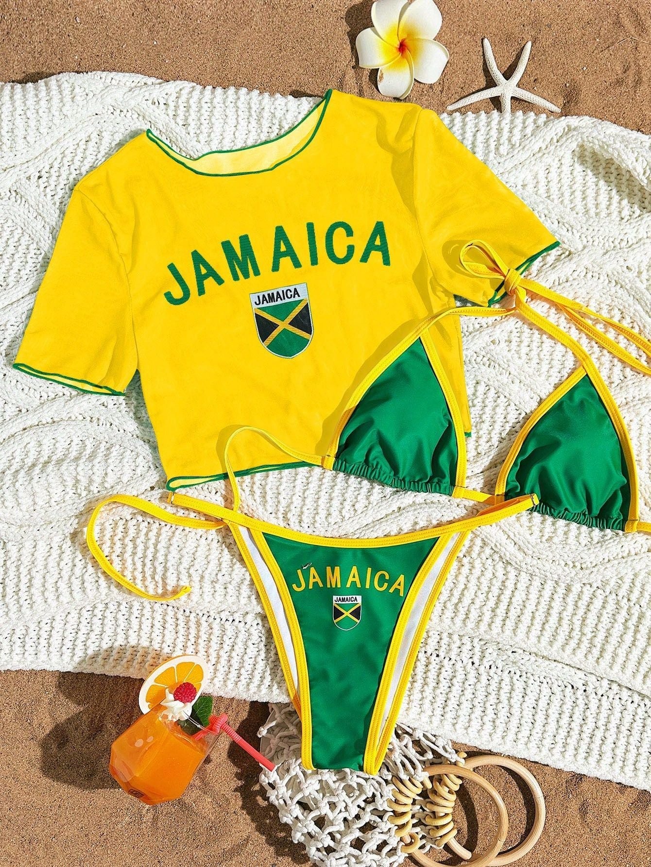 Women's Short Sleeve Slim Fit Two-Piece Swimsuit with Positioning Print Sexy Bikini Three-Piece Set