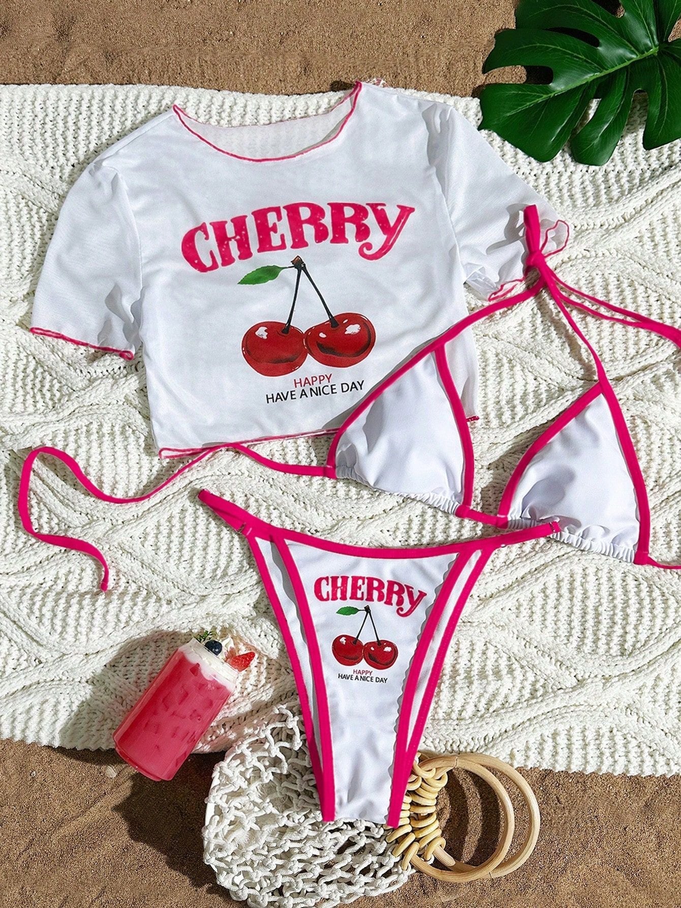 Women's Short Sleeve Slim Fit Two-Piece Swimsuit with Positioning Print Sexy Bikini Three-Piece Set