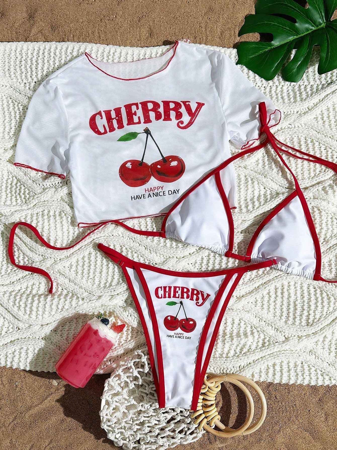 Women's Short Sleeve Slim Fit Two-Piece Swimsuit with Positioning Print Sexy Bikini Three-Piece Set