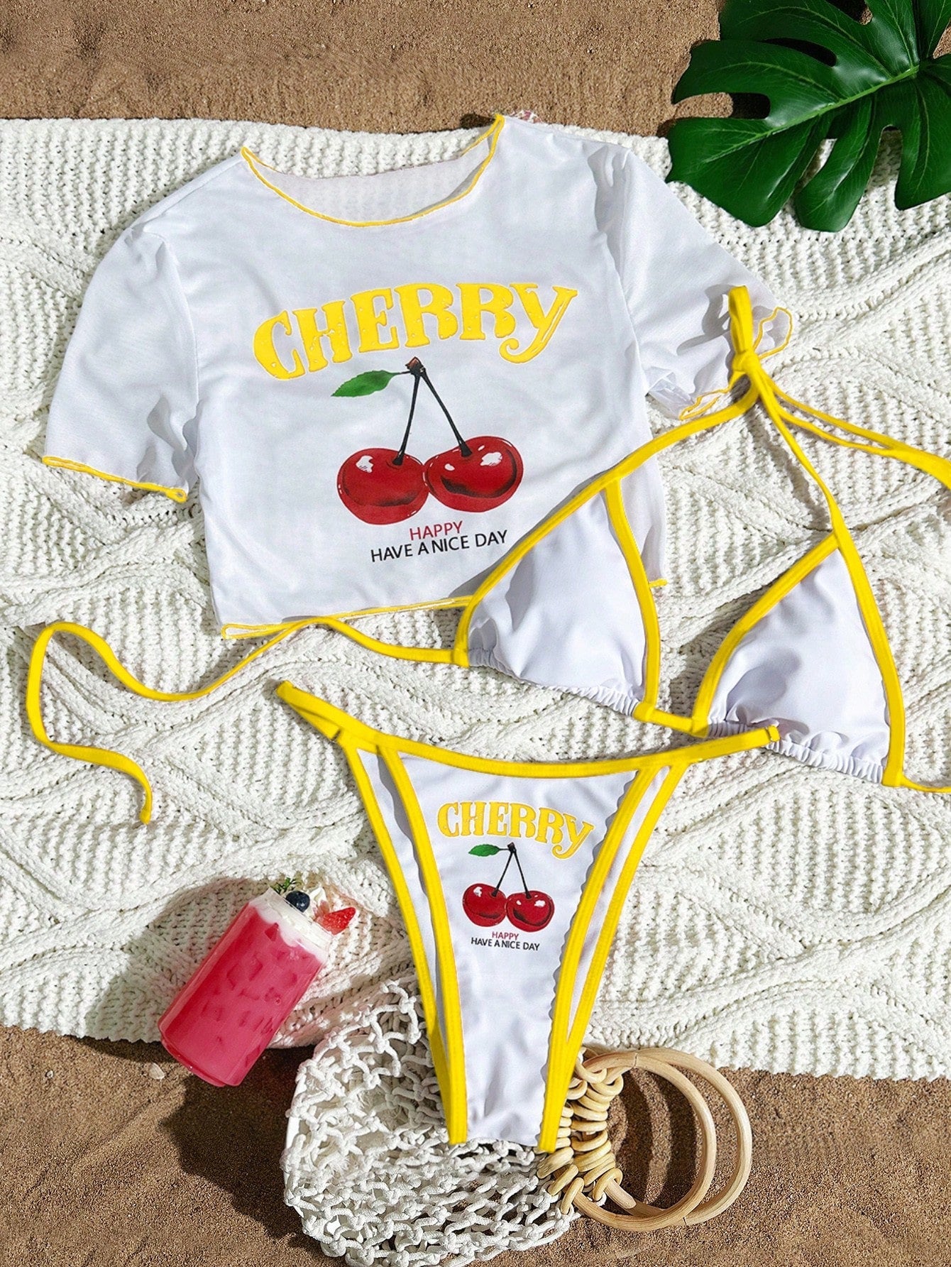 Women's Short Sleeve Slim Fit Two-Piece Swimsuit with Positioning Print Sexy Bikini Three-Piece Set