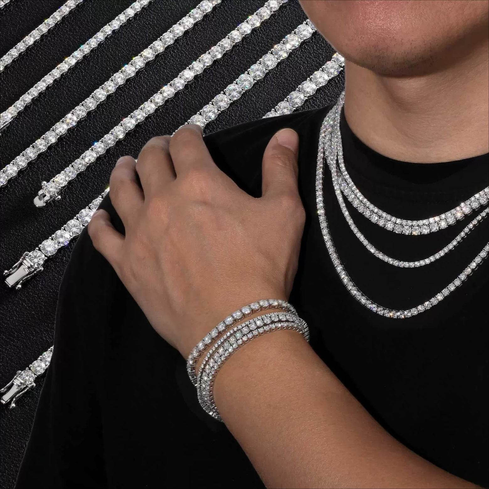 VVS1 Moissanite S925 & 14K Tennis Chain Iced Out Necklace and Bracelet, 6–26 Inch, 2–6.5mm Round Cut D-Grade Certified Moissanite