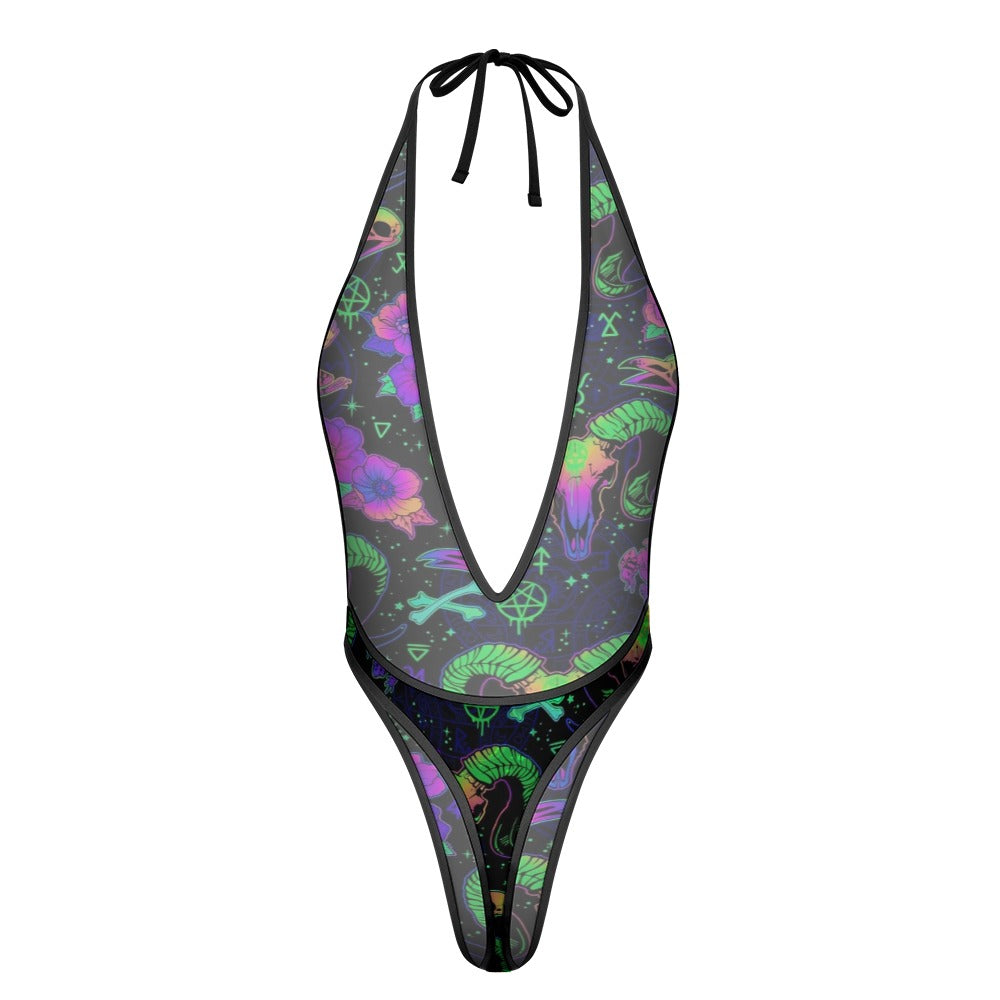 Sexy Swimsuit Women's Extreme One-Piece Mesh Revealing Swimwear Deep V Cleavage Thong Bottom Booty Quick Dry Tie-On Bathing Suit